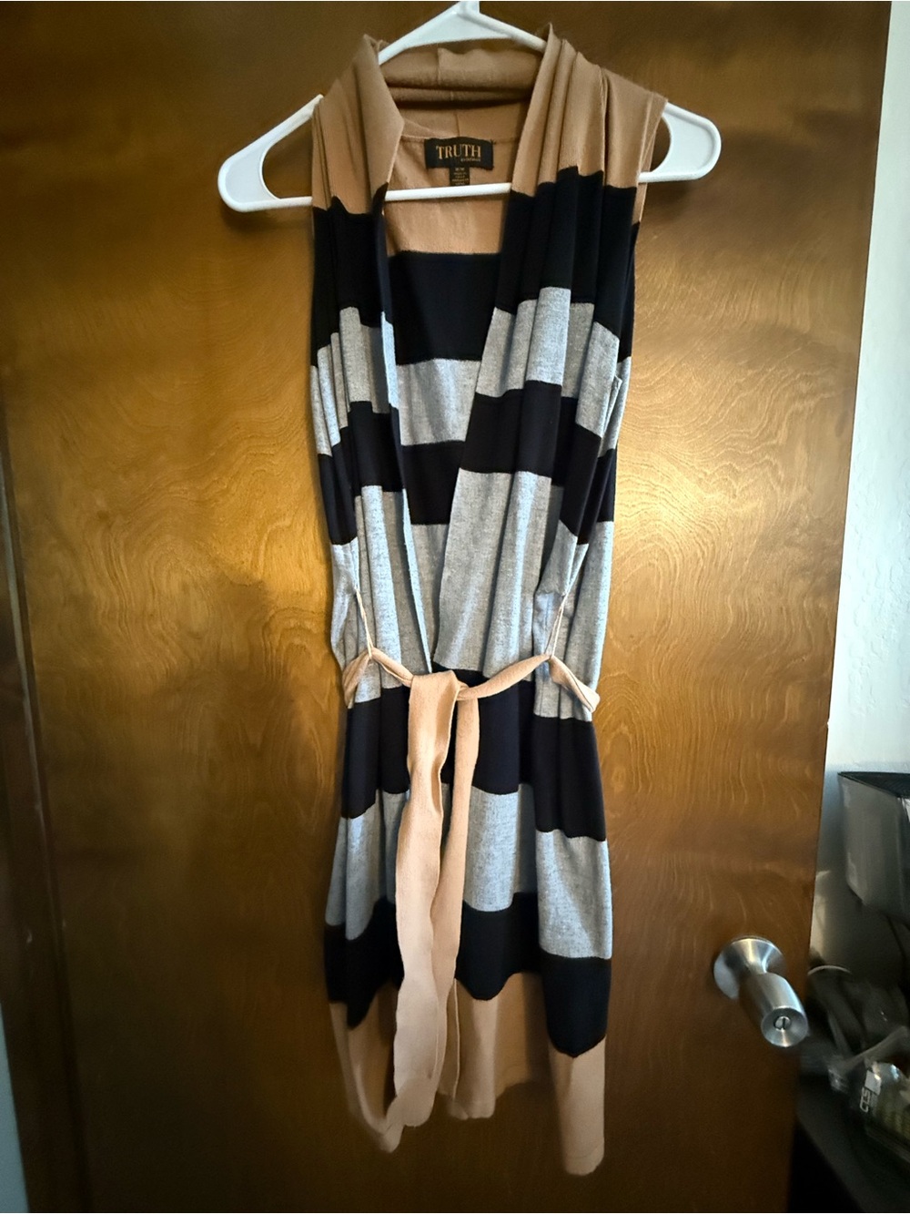 Truth Striped Sleeveless Midi Dress in Tan, Black & Gray